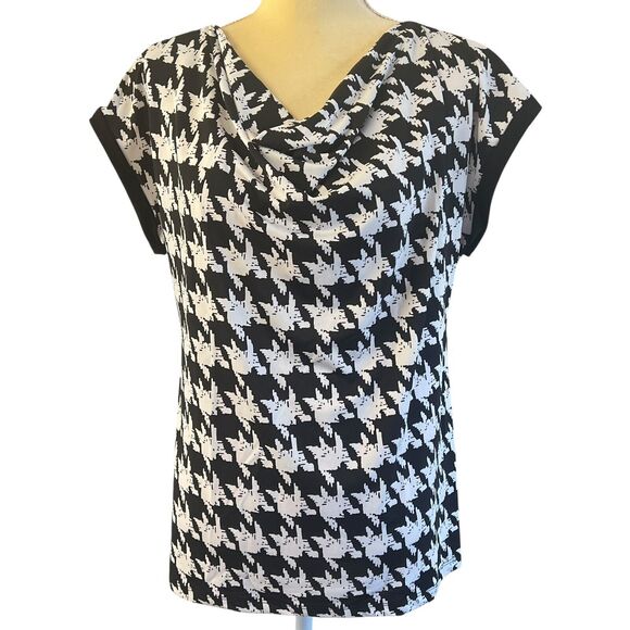 AB Studio Tops - AB Studio Cowl Neck Top Houndstooth Print Short Sleeve Blouse L Black / White